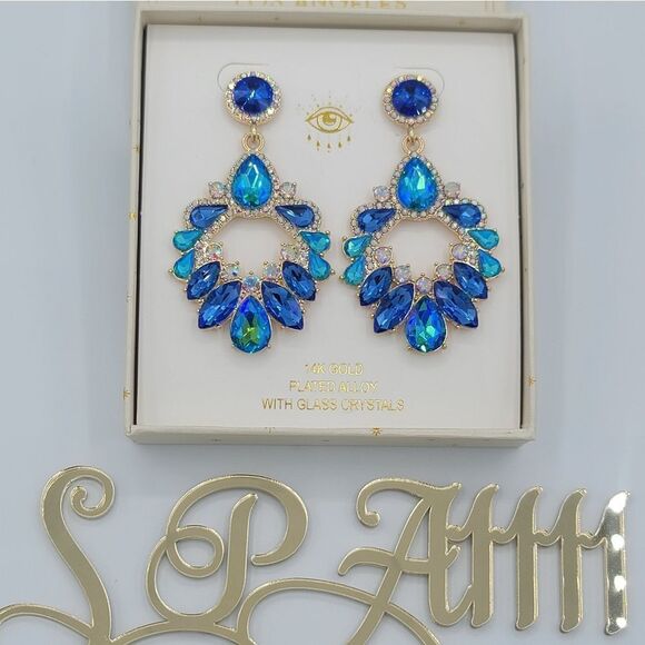 Eye Candy Earrings Luxe Blue Green Gold Plated Glass Crystals Earrings #545 - Picture 3 of 16